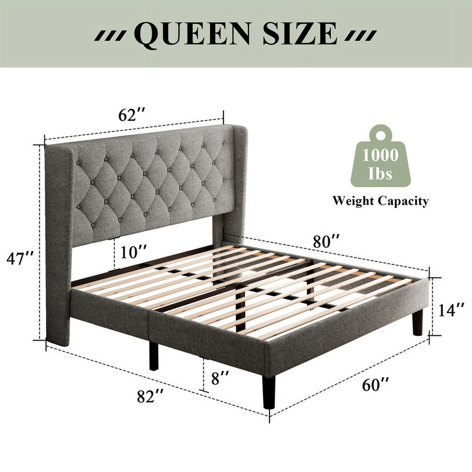 iPormis Queen Size Bed Frame with Diamond Button Tufted Wingback Headboard, Upholstered Platform Bed Frame with Strong Wood Slat Support, No Box Spring Needed, Light Gray