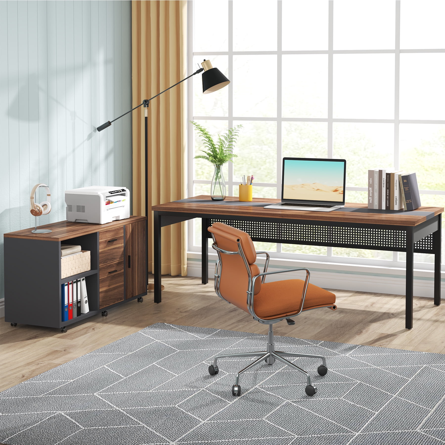 Tribesigns 70.8" Large Computer Desk with 47" File Cabinet, L Shaped Executive Office Desk Workstation, Walnut & Black
