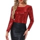 thumbnail image 1 of INSPIRAR CHIC Blusa de fiesta de mujer con lentejuelas y brillo, cuello redondo, manga larga, color rojo, 1 of 5
