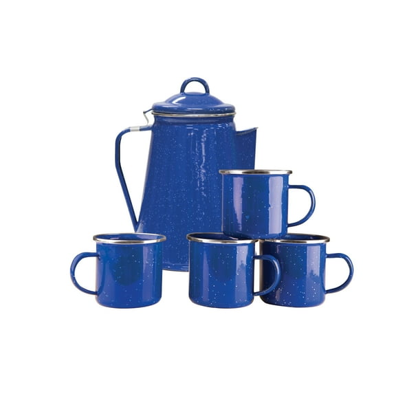 Stansport Enamel Percolator Coffee Pot & 4 Mug Set - Blue