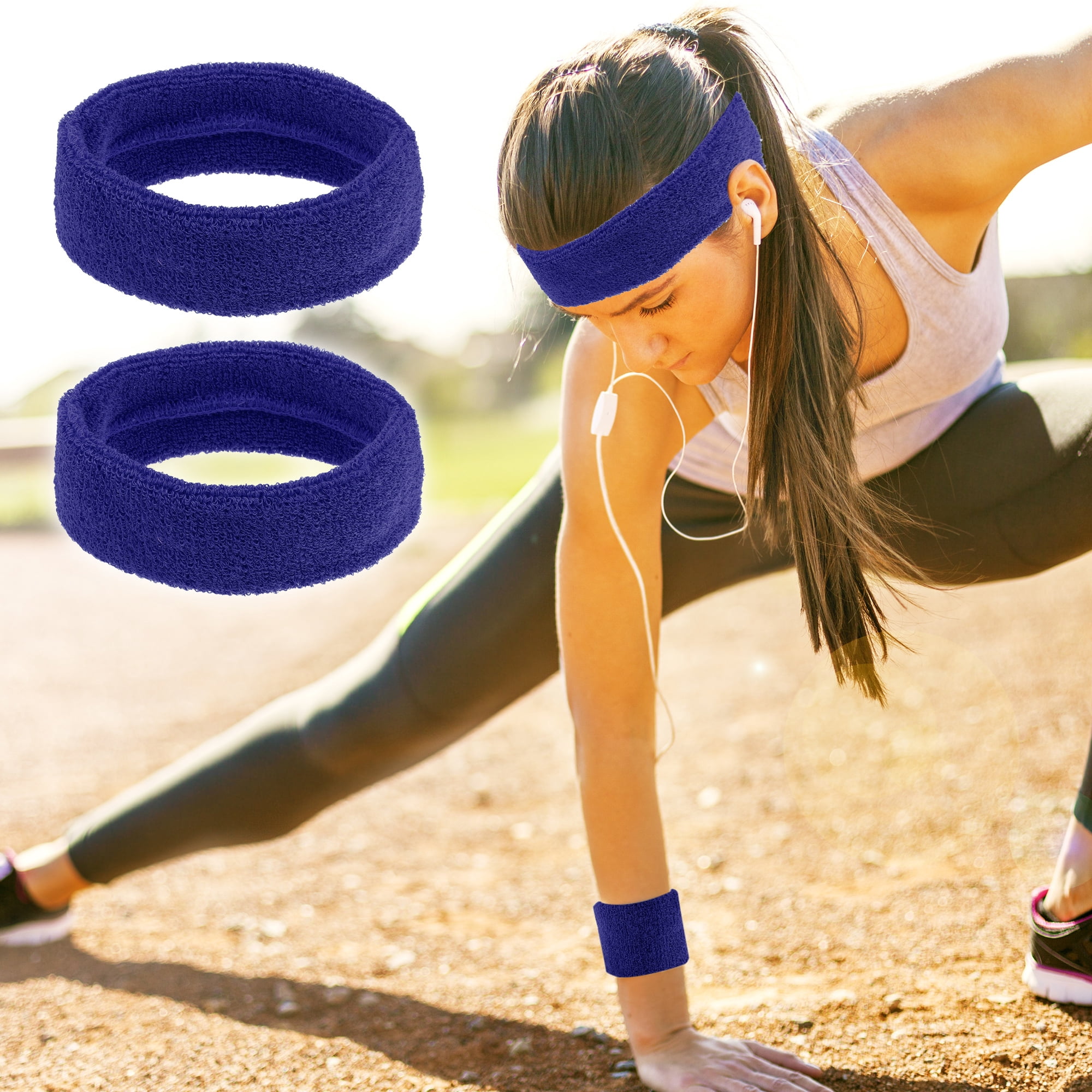 Unique Bargains 3 Pcs Sport Headband Wristband Sweatband Cotton Blend Sapphire Blue