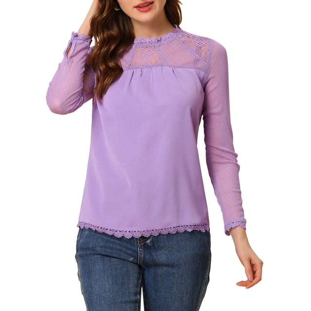 INSPIRE CHIC Blouses Décontractées pour Femmes à Col Rond en Dentelle Florale à Manches Longues en Chiffon Hauts S Violet