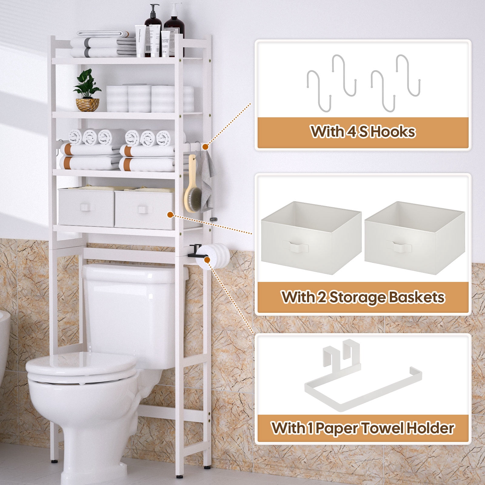 Enogets Over the Toilet Storage, Bamboo Bathroom Shelf Organizer with 2 Baskets & 4 Hooks, 4-Tier Space Saver