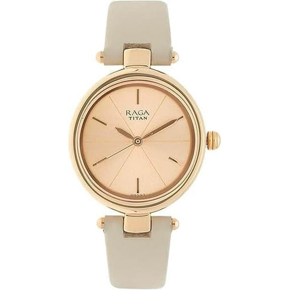 Titan Raga Viva Women's Analog Oval Watch – Rose Gold Dial, Beige Leather Band, Quartz Movement, 35.5mm Metal Case, Jewellery Clasp, 2-Year Warranty