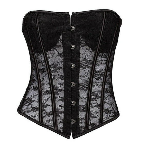 LEKDFST Black Overbust Lace Corset Tops for Women Mesh Bustier Top Corsets Belt Plus Size Faja Waist Cincher Bodysuit Overbust Lingerie L
