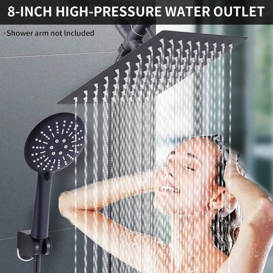 Shower Head Combo,8/10/12" Rain Square Shower Head  With 9 Inch Adjustable Extension Arm And 3 Settings Handheld Spray,150cm Long Hose