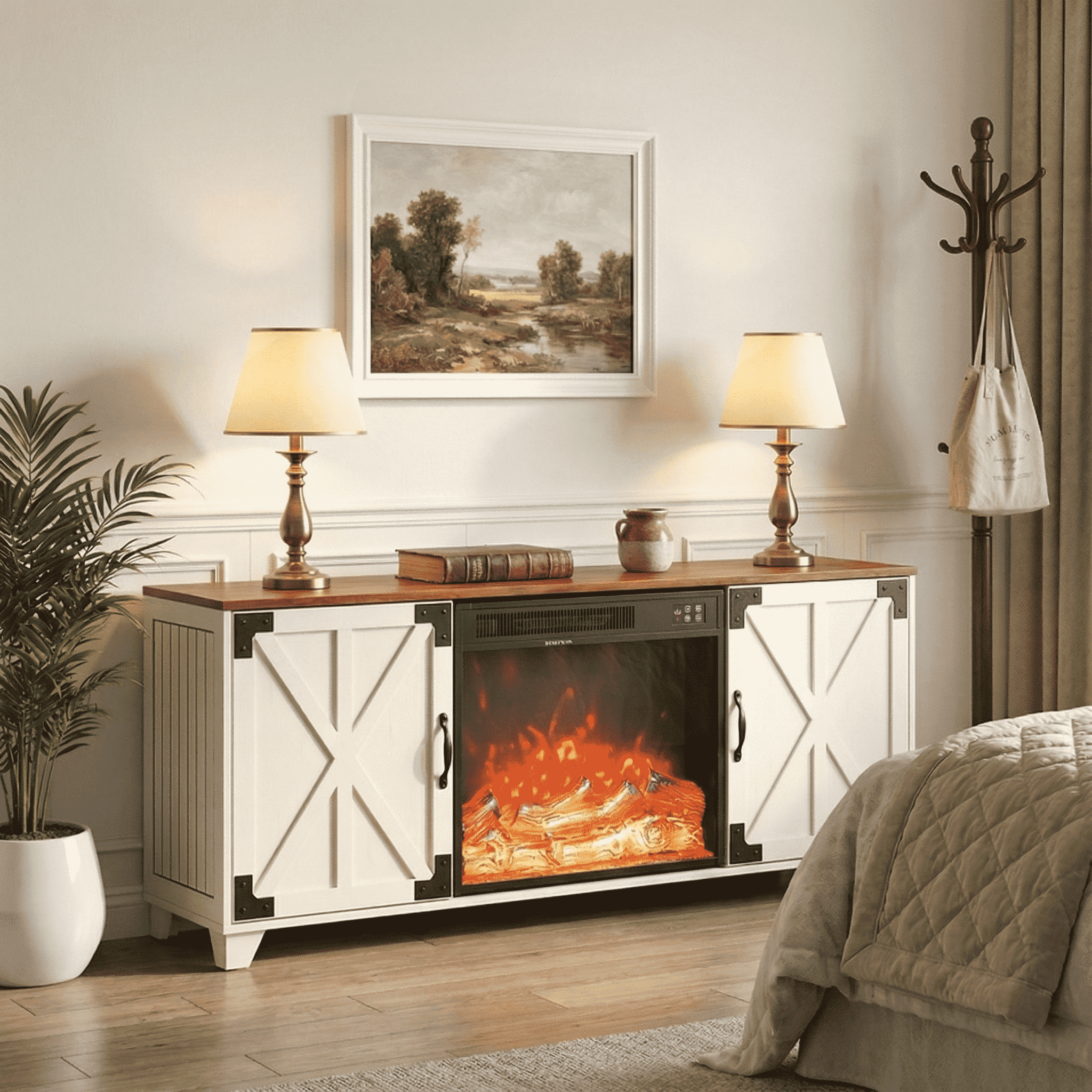 Manxile Fireplace TV Stand for TVs up to 65" with 23" Electric Fireplace, Farmhouse Entertainment Center, Rustic White