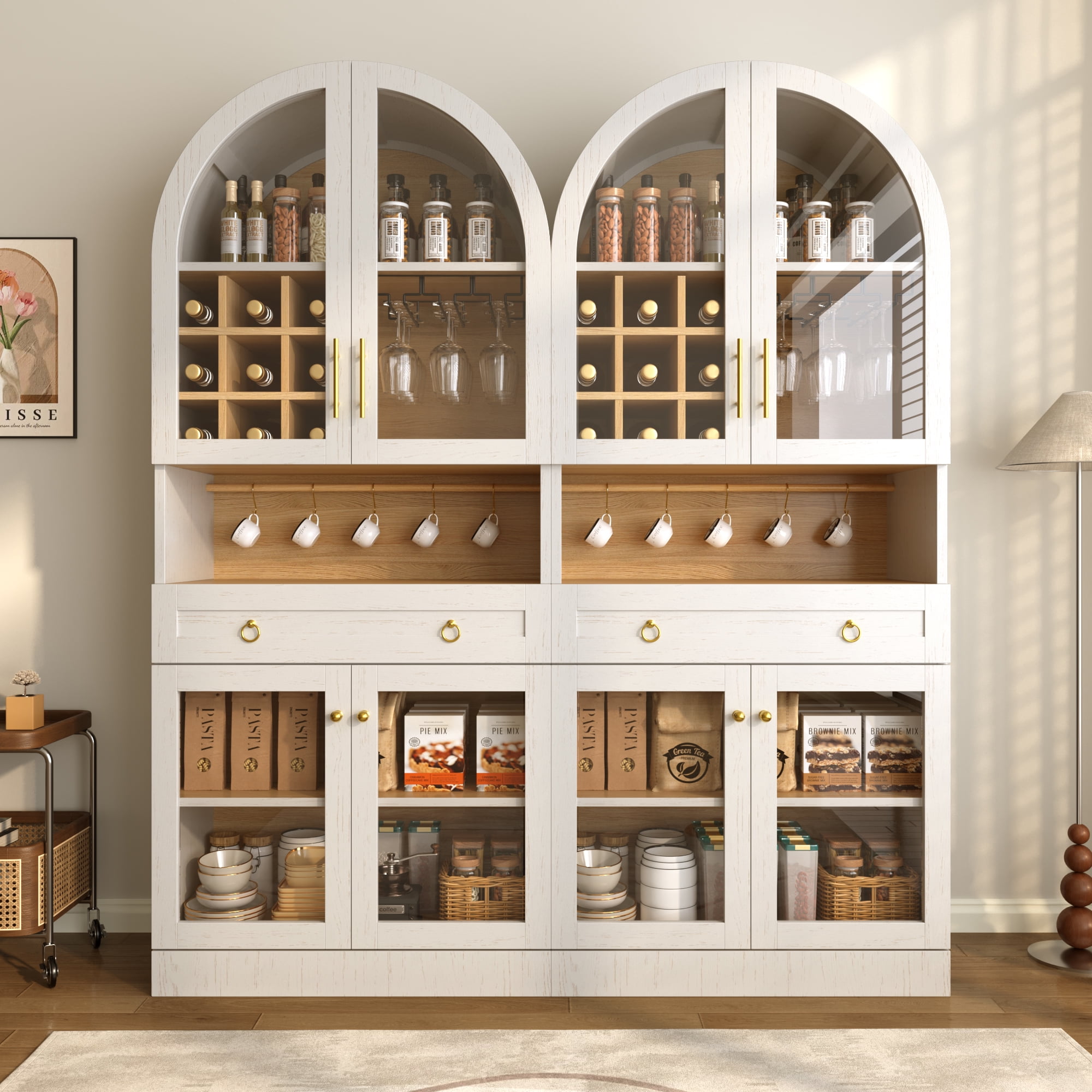Mintazer 70" Tall Arched Bar Cabinet with Tempered Glass Doors, Freestanding Storage Buffet Sideboard with Removable Wine Rack & Cup Hooks for Dining Room Kitchen Living Room, White