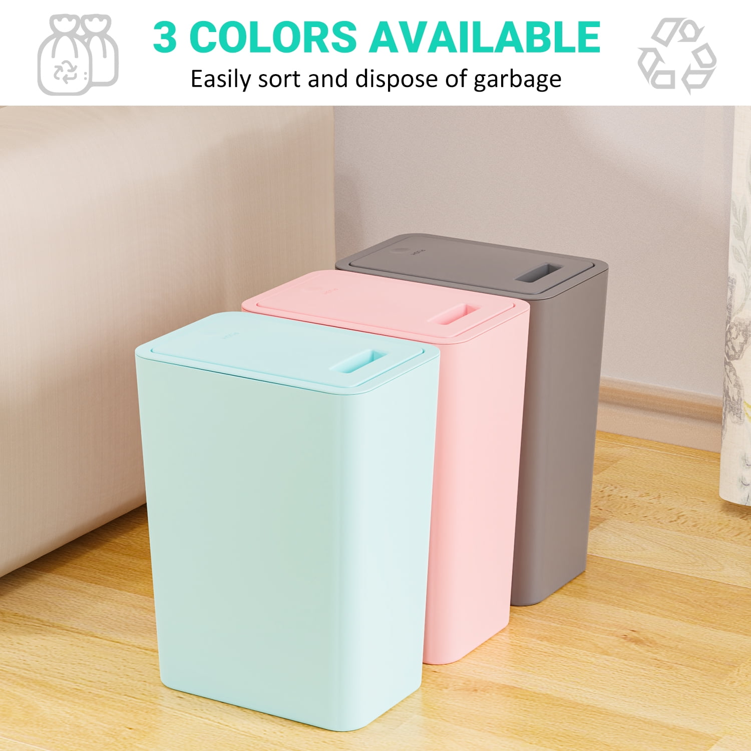 TINANA Small Trash Can with Lid, 3 Pack 10L Plastic Trash Bin, 2.6 Gallon Slim Garbage Cans Wastebasket with Pop-Up Lid for Bathroom, Bedroom, Office, Kitchen, Craft Room-Pink Blue Gray