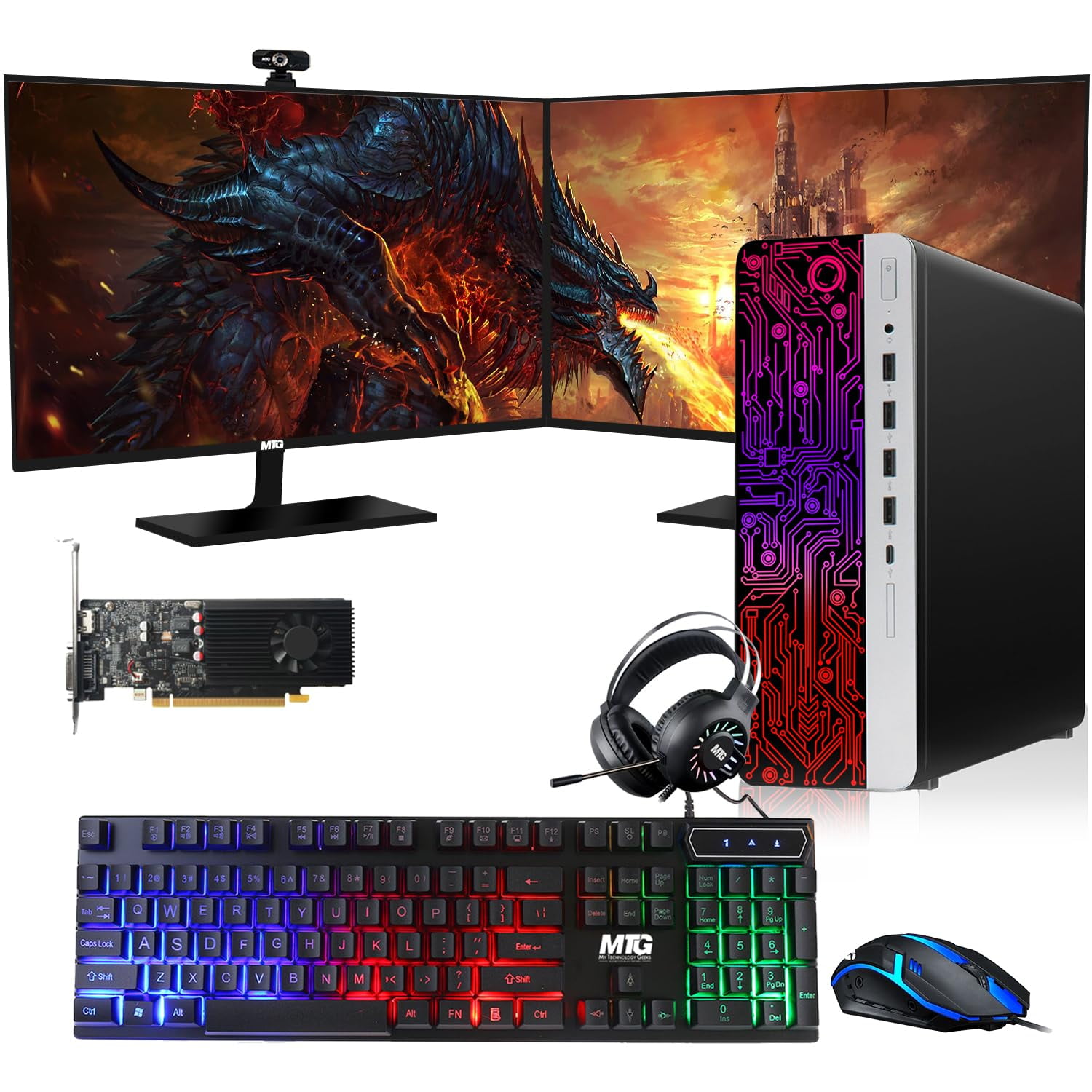 Restored HP G3 Gaming Desktop PC,Intel Core i7 6th Gen,GT 1030 Graphics,16GB RAM,240GB SSD,RGB Keyboard Mouse,RGB Headphone,Webcam,New Dual MTG 27 inch Monitor Windows 11 Pro