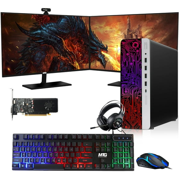 Restored HP G3 Gaming Desktop PC,Intel Core i7 6th Gen,GT 1030 Graphics,16GB RAM,240GB SSD,RGB Keyboard Mouse,RGB Headphone,Webcam,New Dual MTG 27 inch Monitor Windows 11 Pro