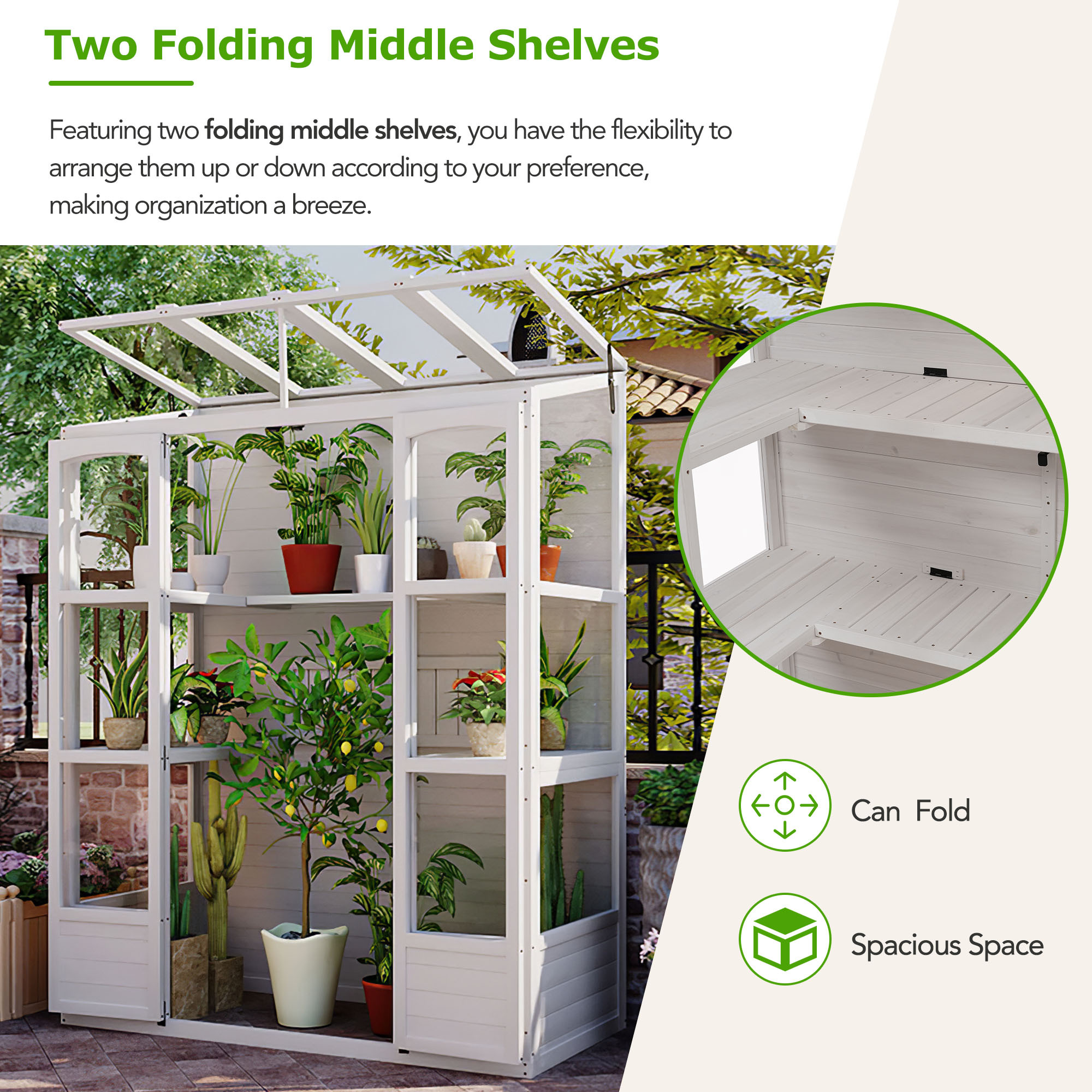 EUROCO 78" Wood Large Greenhouse Cold Frame, Portable Walk-in Outdoor Greenhouse with Openable Roof, 4 Independent Skylights and 2 Folding Middle Shelves, White