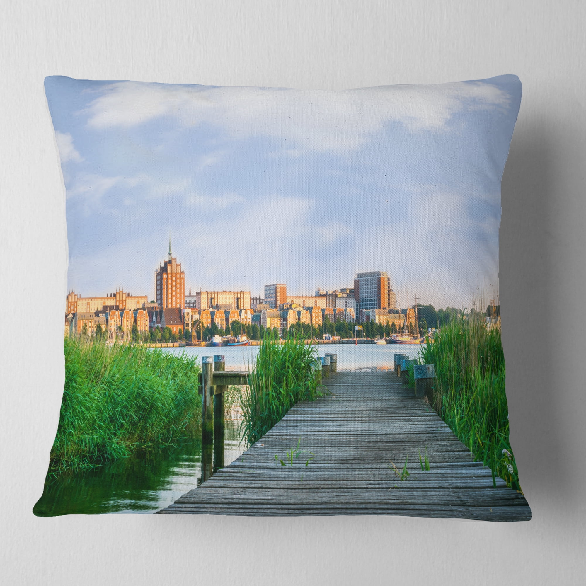 Designart Wooden Bridge to River Warnow - Landscape Printed Throw Pillow - 18x18