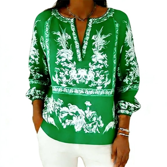 Boho Long Sleeve Top for Women Floral Print Summer V Neck Tunic Shirts Dressy Casual Vintage Flowy Baggy Blouses
