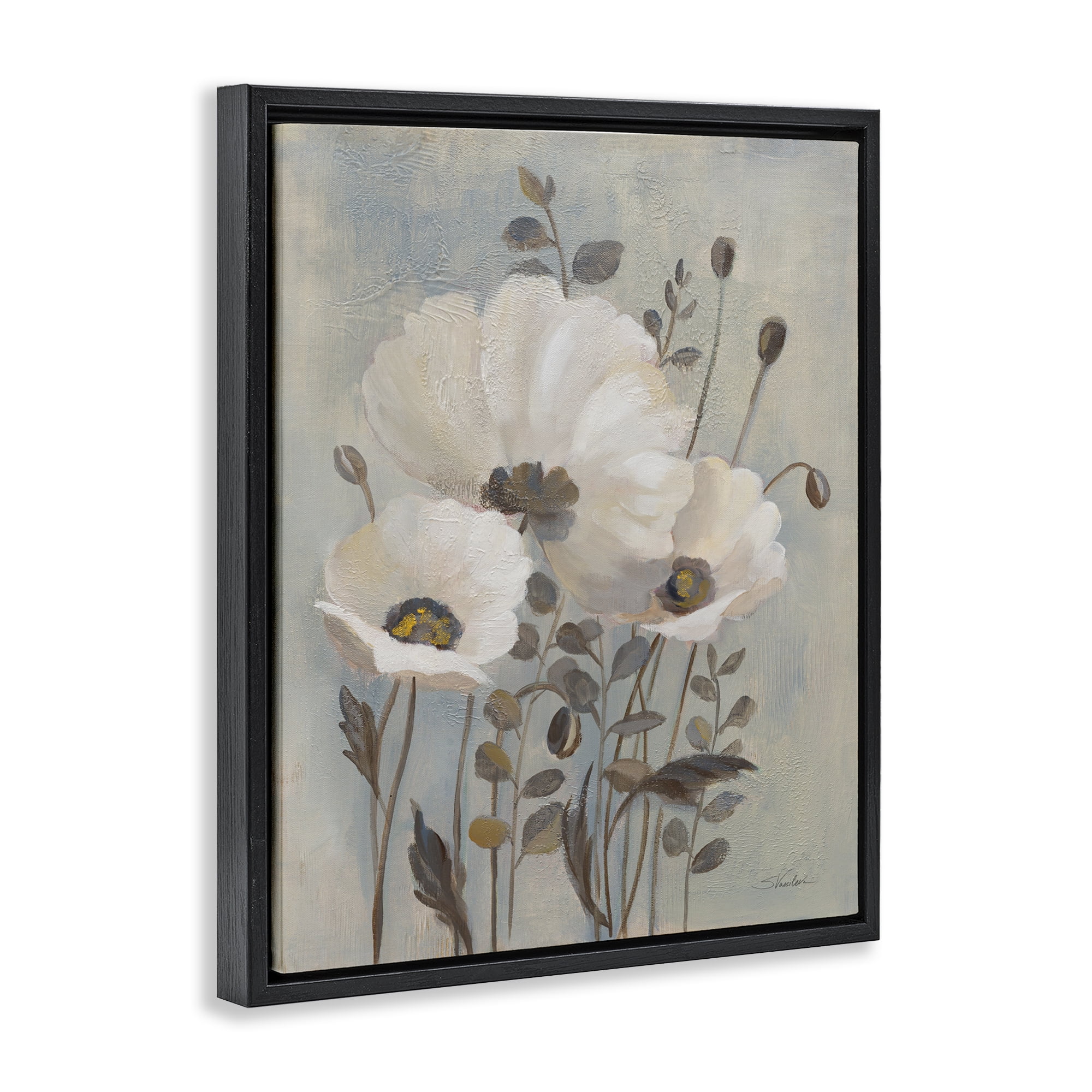 Stupell Industries Neutral Poppies Cluster Plants & Flowers Painting Black Floater Framed Canvas Art Print Wall Art, 25 x 31