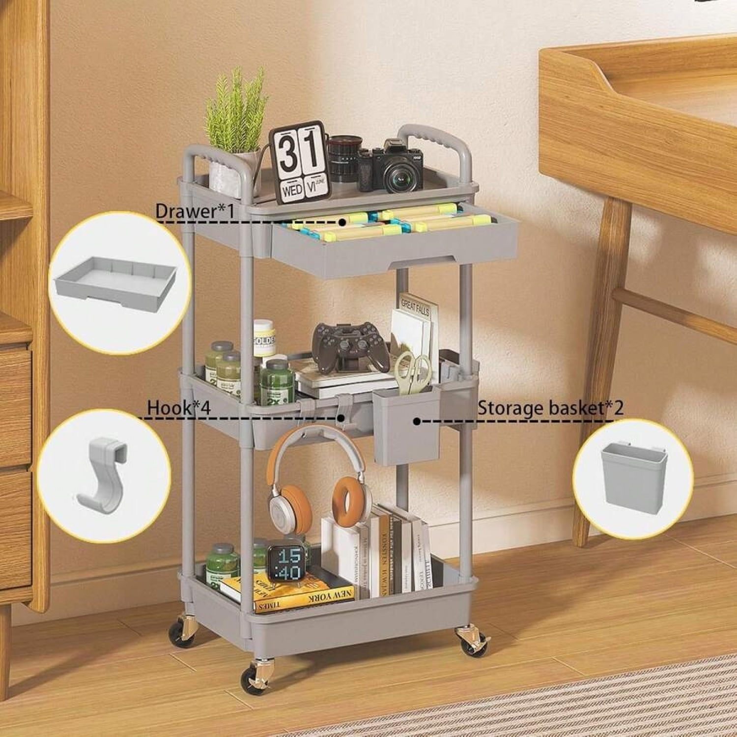 NTGFU 3 Tier Rolling Storage Cart with Drawers,Room Decor,Bathroom Decor,Rolling Utility Cart Rolling Storage Organizer Tool for Kitchen,Bathroom,Living Room,Office Outdoor Decor - Grey