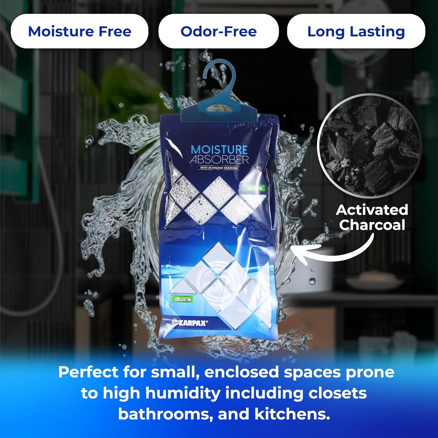Hanging Moisture Absorber Activated Charcoal 10.6 oz/300g | Absorbing Bags for Bathroom, Closet & Kitchen Removes Moisture, Humidity Odors Portable Dehumidifier Set Of 10