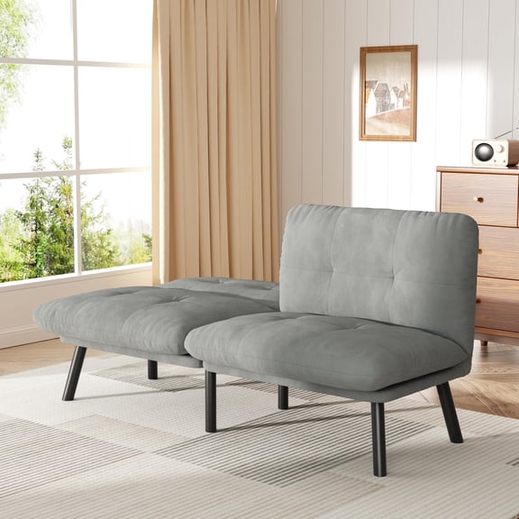 Grey Tufted Futon Sleeper Sofa With Adjustable Backrest Mid-Century Modern Design