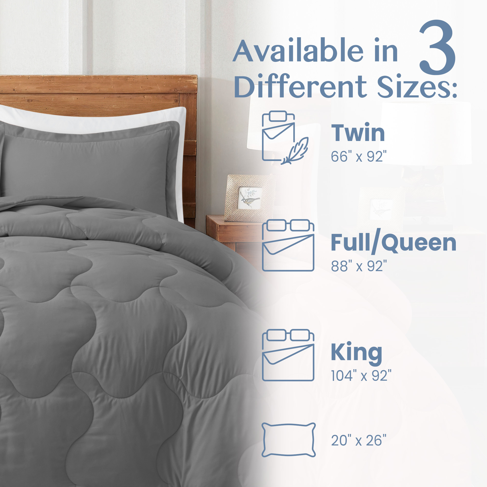 Peace Nest 3-Piece Lightweight Solid Reversible Quilted Down Alternative Comforter and Shams Bedding Set, Queen - image 3 of 6