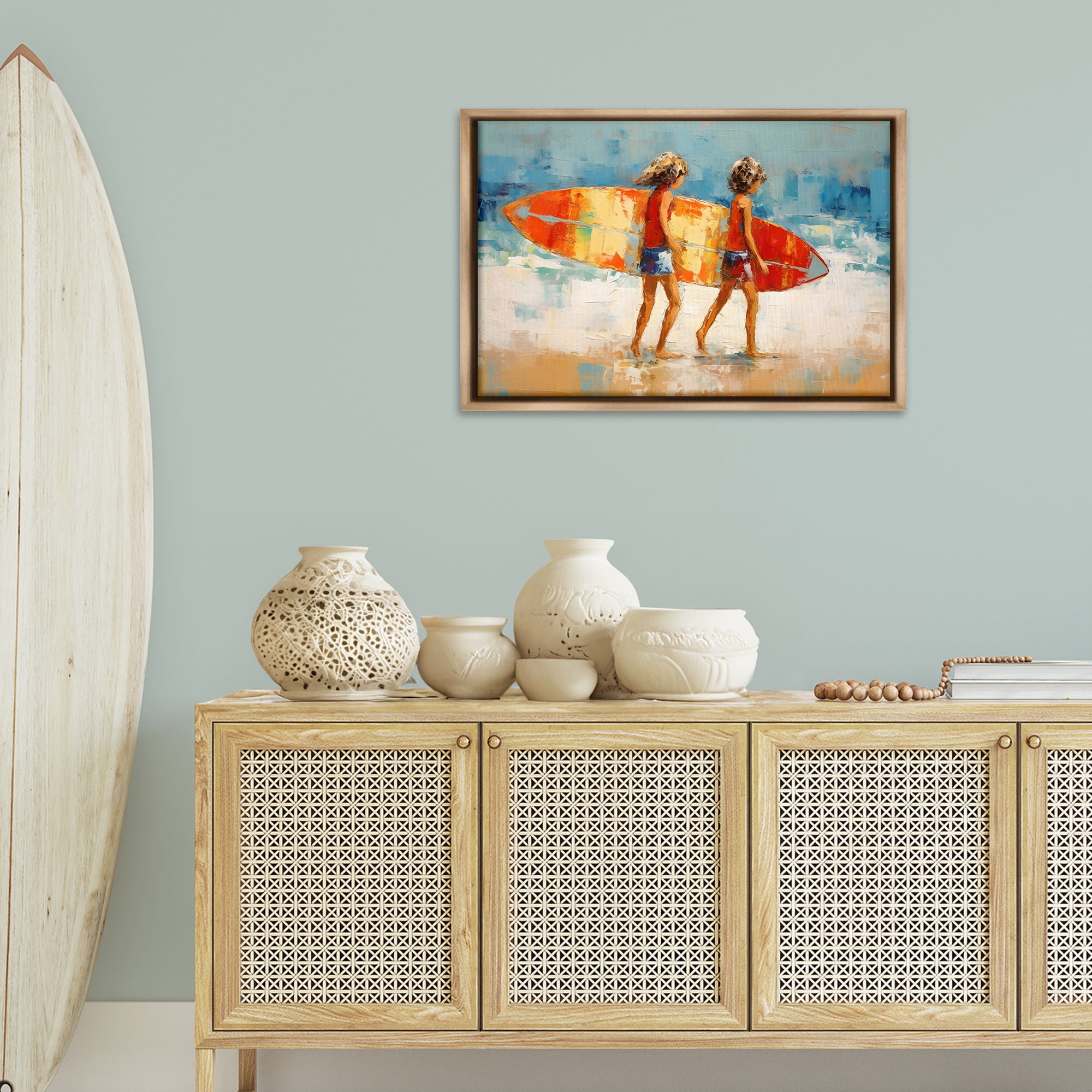 Stupell Industries Kids Holding Surfboard People Painting Brown Floater Framed Canvas Art Print Wall Art, 31 x 21