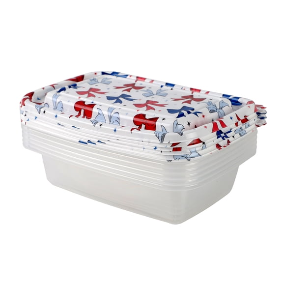Cook With Color 12 Piece Stackable Plastic Food Storage Container Set, 1000 ml Rectangular Containers with Printed Lids, Bows