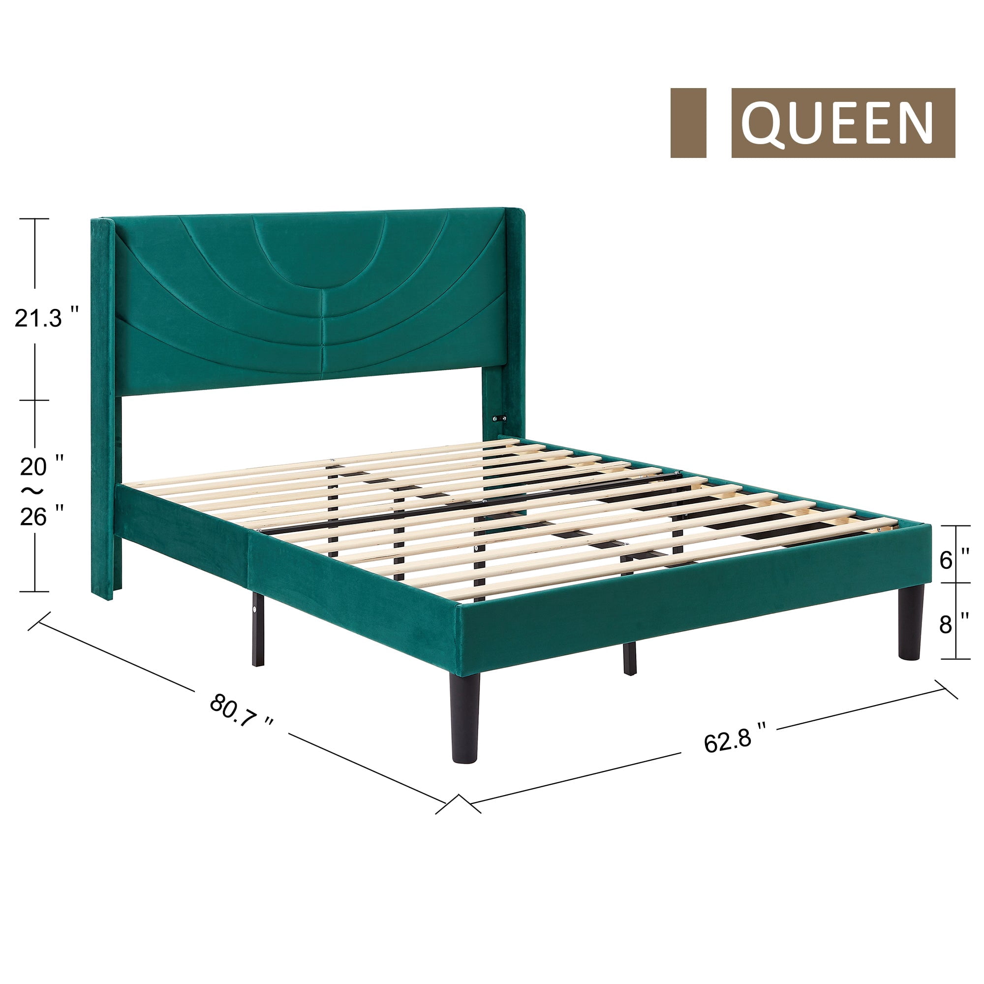 VECELO Upholstered Platform Queen Bed Frame with Fabric Headboard,Wooden Slats Support/No Box Spring Needed/Mattress Foundation,Dark Green
