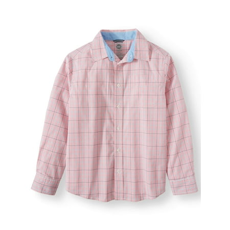 Little Me Plaid Dress Shirt - Wonder Nation Long Sleeve Stretch Button Up Plaid Shirt (Little Boys, Big Boys, & Husky)