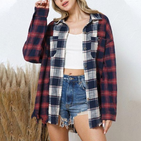Aqestyerly Women Coats Plus Szie Fashionable Women's Long Sleeve Collar Panel Plaid Wide Loose Bottom Coat Top