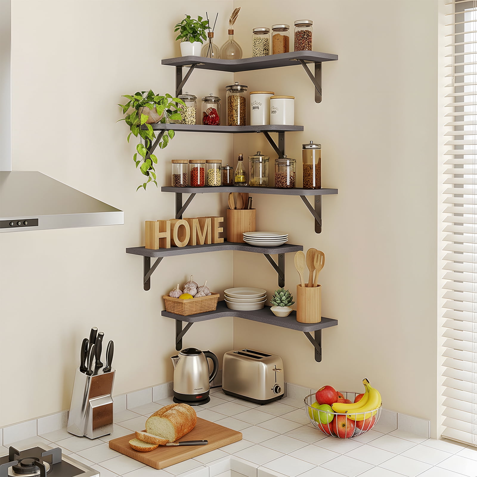 Fairy 5pcs Corner Floating Shelves for Wall, Rustic Wood Wall Shelves, 16.1x11.4 inches, Gray