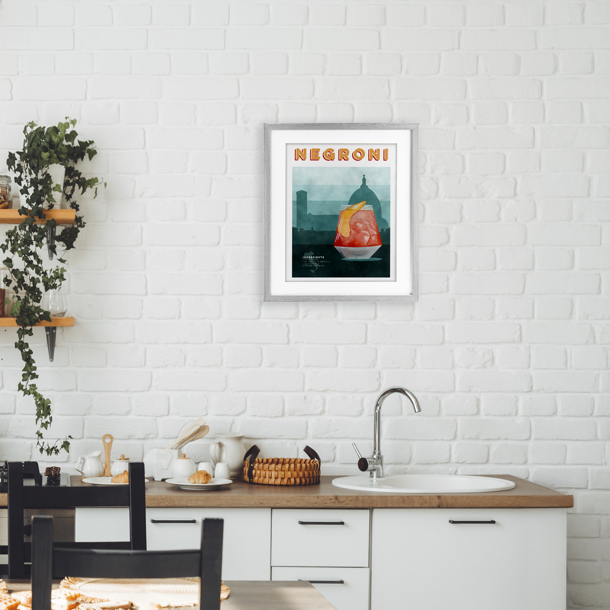 Retro Negroni & Architecture Gray Framed Print Under Glass, design by Brett Blumenthal