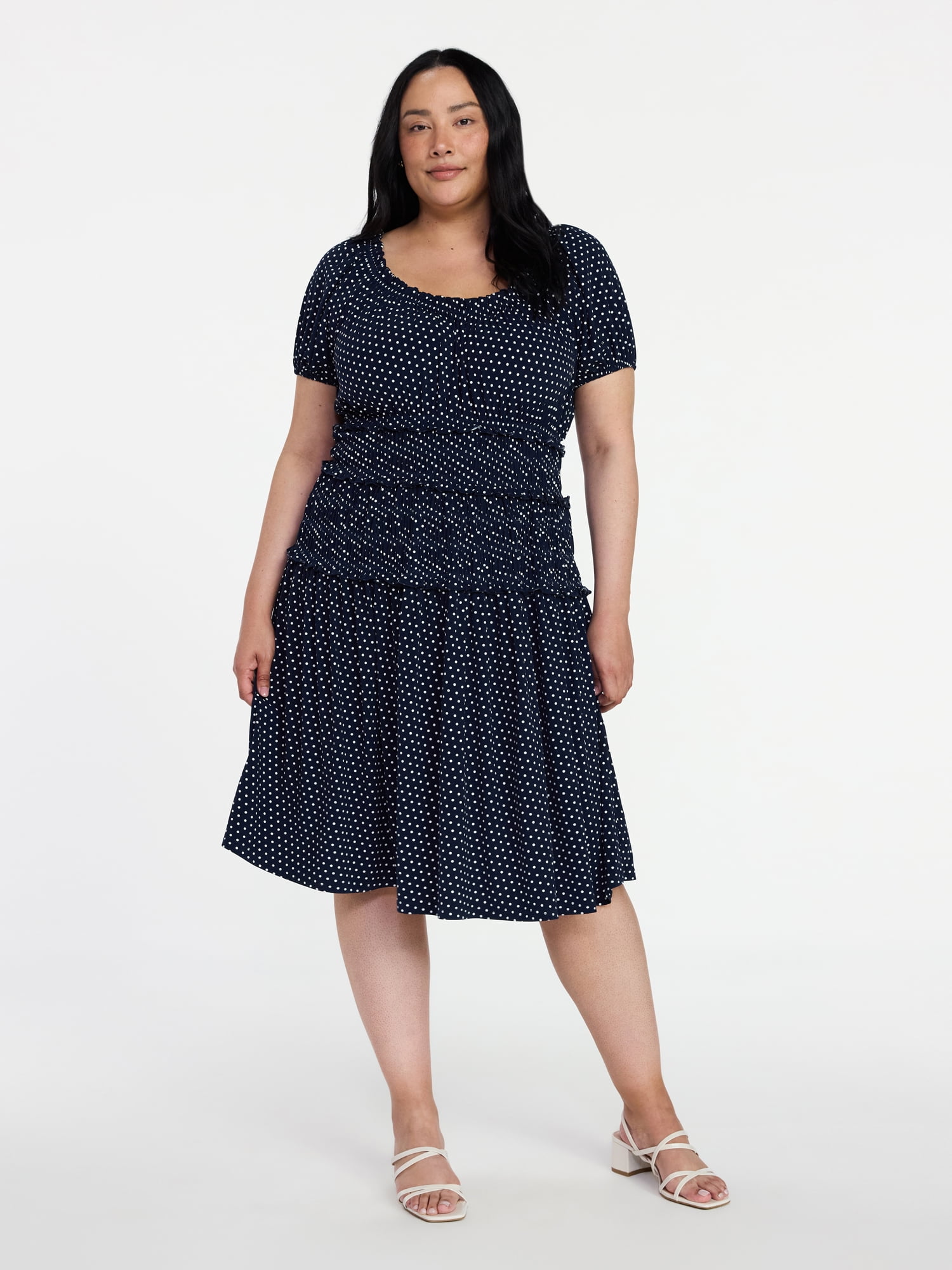 Time and Tru Women's Smocked Midi Dress with Short Puff Sleeves, Sizes XS-XXXL