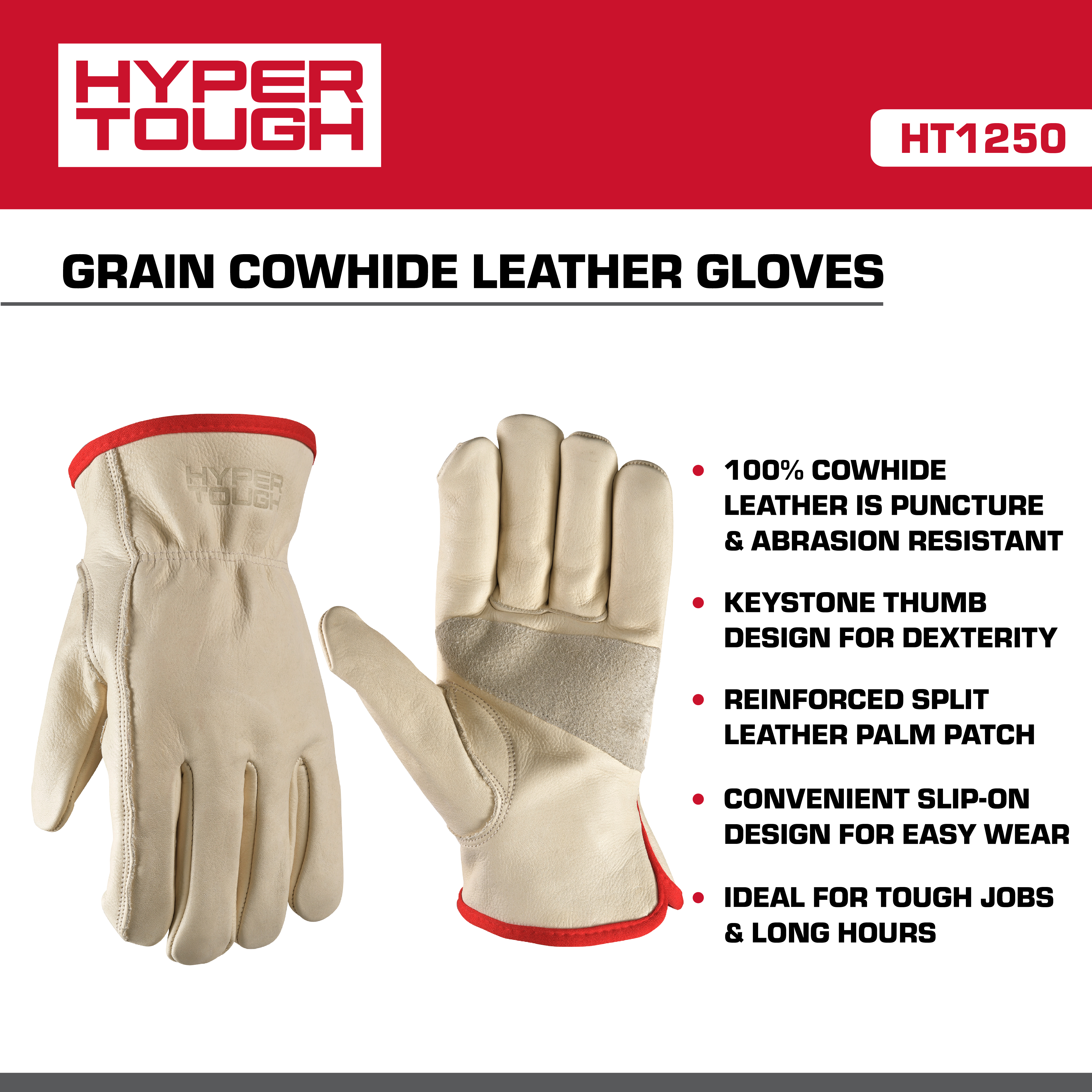 Hyper Tough 100% Cowhide Leather Work Gloves Medium photo 2