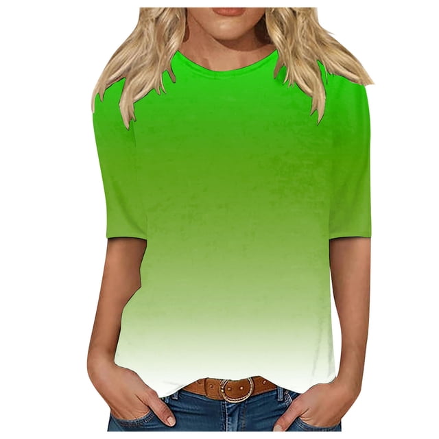 TSADFHJI Hauts à Manches Longues pour Femmes Serrés Hauts Adaptés Col Rond Manches Mi-Longues Blouse Imprimée TTG Vert