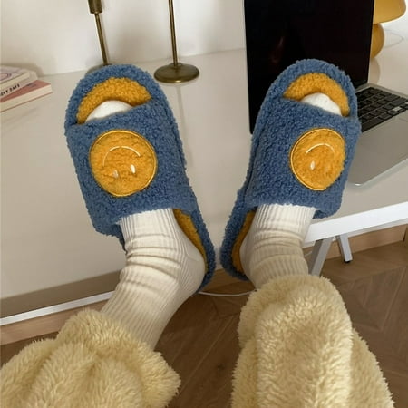 

CoCopeaunt Winter New Kawaii Cartoon Ladies House Fur Slippers Open-Toe Bedroom Cute Smiley Pattern Home Women Fluffy Slippers Slides