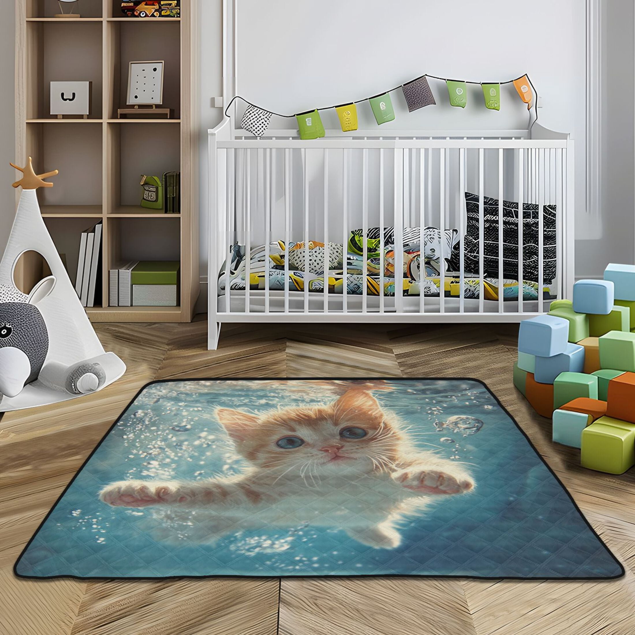 WOBOGO Cute Kitten Swim Underwater Baby Playmats Extra Large Waterproof Rollable Activity Pads for Toddlers 50×50inch