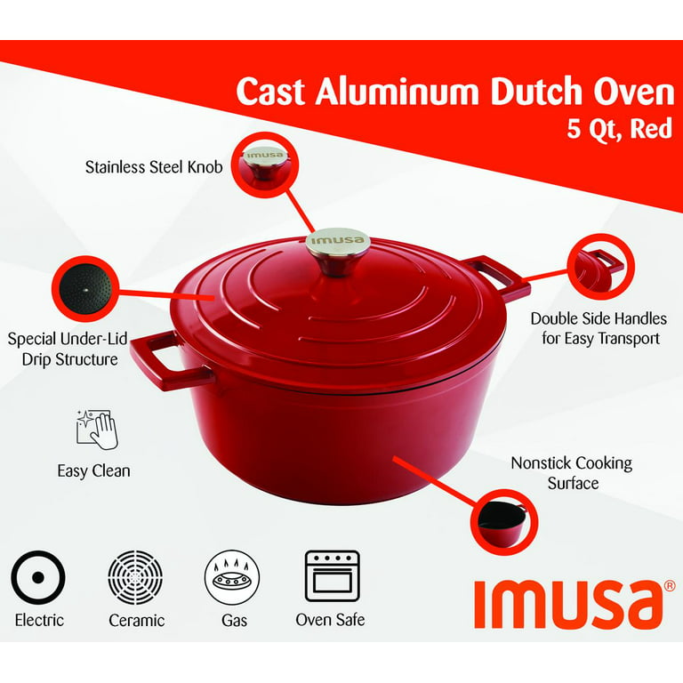 IMUSA IMUSA Cast Aluminum PTFE Nonstick Dutch Oven 5 Quart, Red