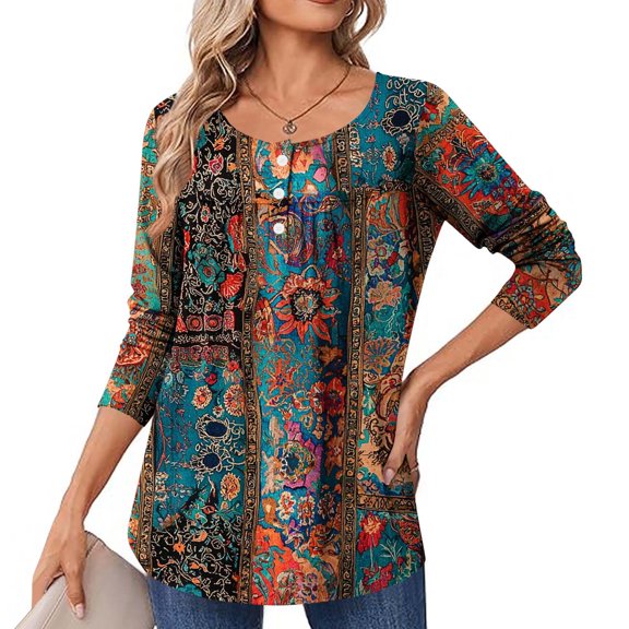 Blmnix Fitted Tops Fashion 2025 Brown Paisley Print Boho Tops for Women Plus Size Relaxed Long Sleeve Crew Neck Tees