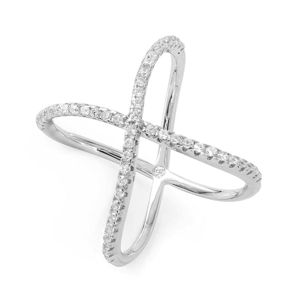 Rhodium Plated Sterling Silver 925 Wavy Criss Cross Ring Clear CZ Band White Female Size 8