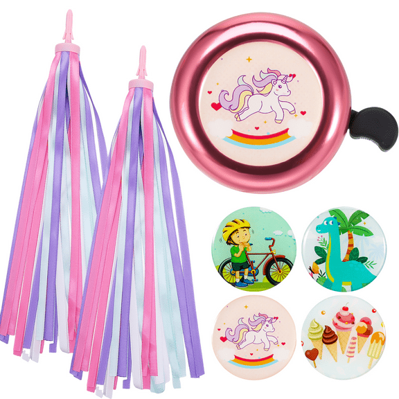 Hengguang 7 Pcs Kids Bike Bell Set, Cute Bicycle Accessories for Girls, Clear Sound Children's Bike Horn with 2 Pcs Streamers and 4 Stickers for Cycling(Unicorn, Dinosaur, Ice cream, and Cycling)