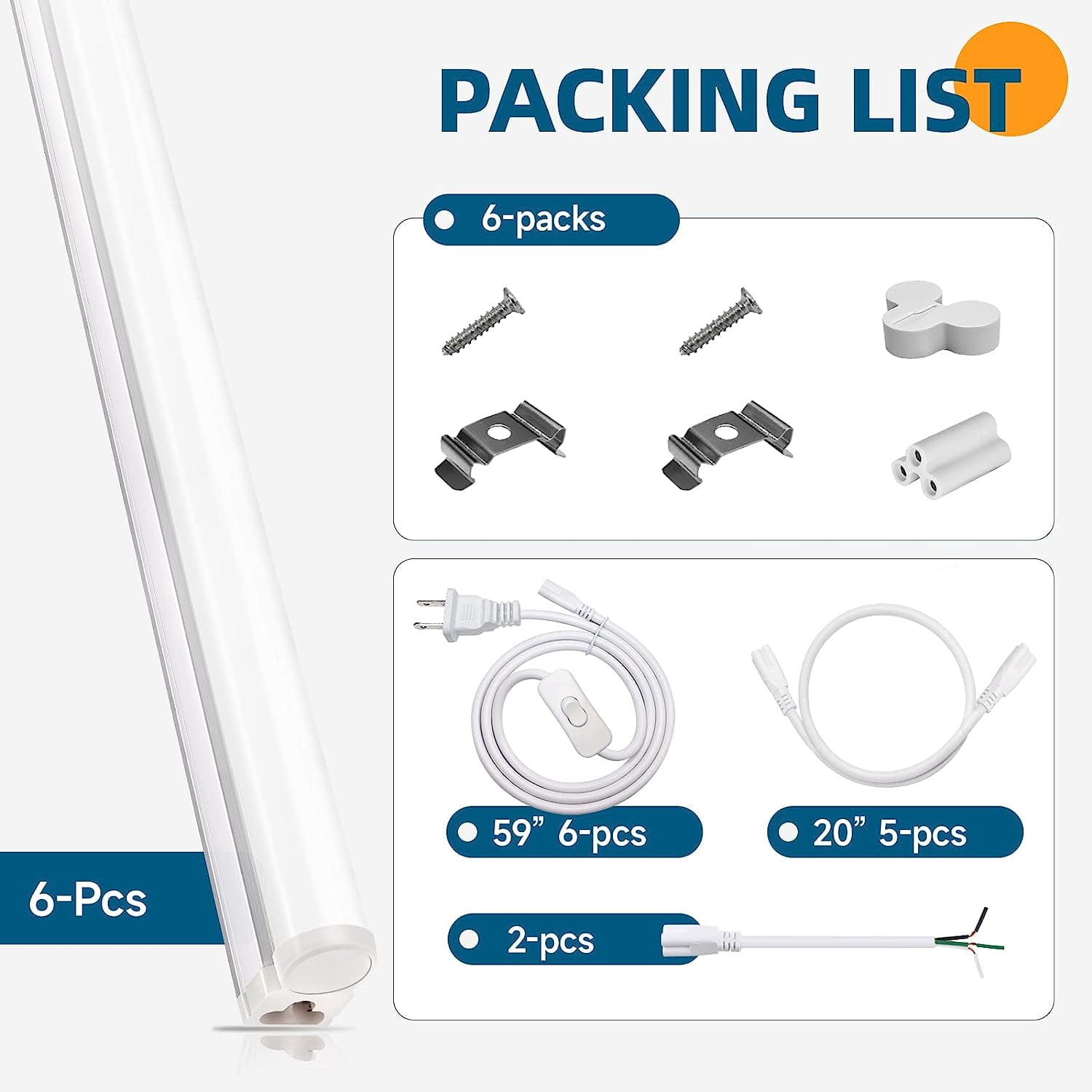 Barrina 6 Pack LED T5 Single Fixture, 4FT, 2200lm, 4000K Daylight Glow, 20W, Utility Shop Light, Ceiling and Under Cabinet Light, ETL Listed, Corded Electric with ON/Off Switch