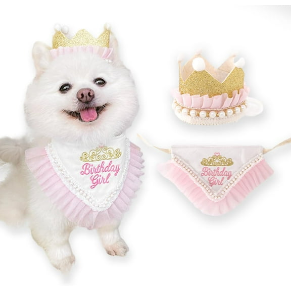 Princess Dog Crown Hat Scarf Set, Dog Birthday Hat Dress Outfit, Wedding Party Supplies for Cats and Small Mini Dogs