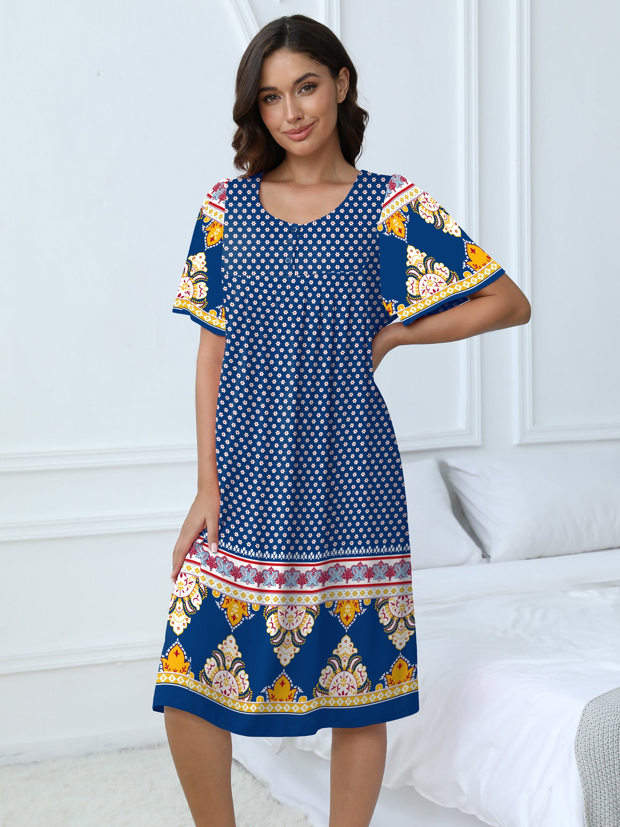 Nightgowns for Women Short Sleeve Nightshirt Comfy Sleepwear MuMu Dress with Pockets