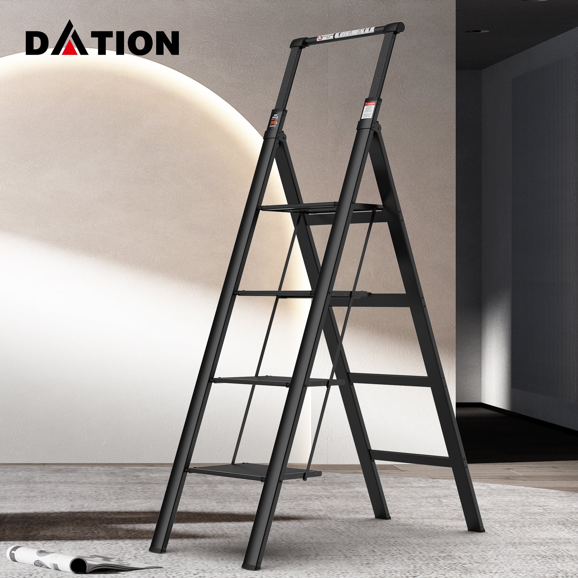 Kadyn Aluminum Retractable 4 Step Ladder, Folding Step Stool with Anti-Slip Wide Pedal, Black Portable Lightweight Ladder for Home, 300lbs Safety Household Ladder
