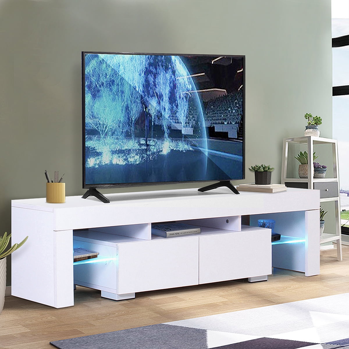 57'' Modern White/Gray TV Stand Cabinet Unit with LED Lights Media Console Table 