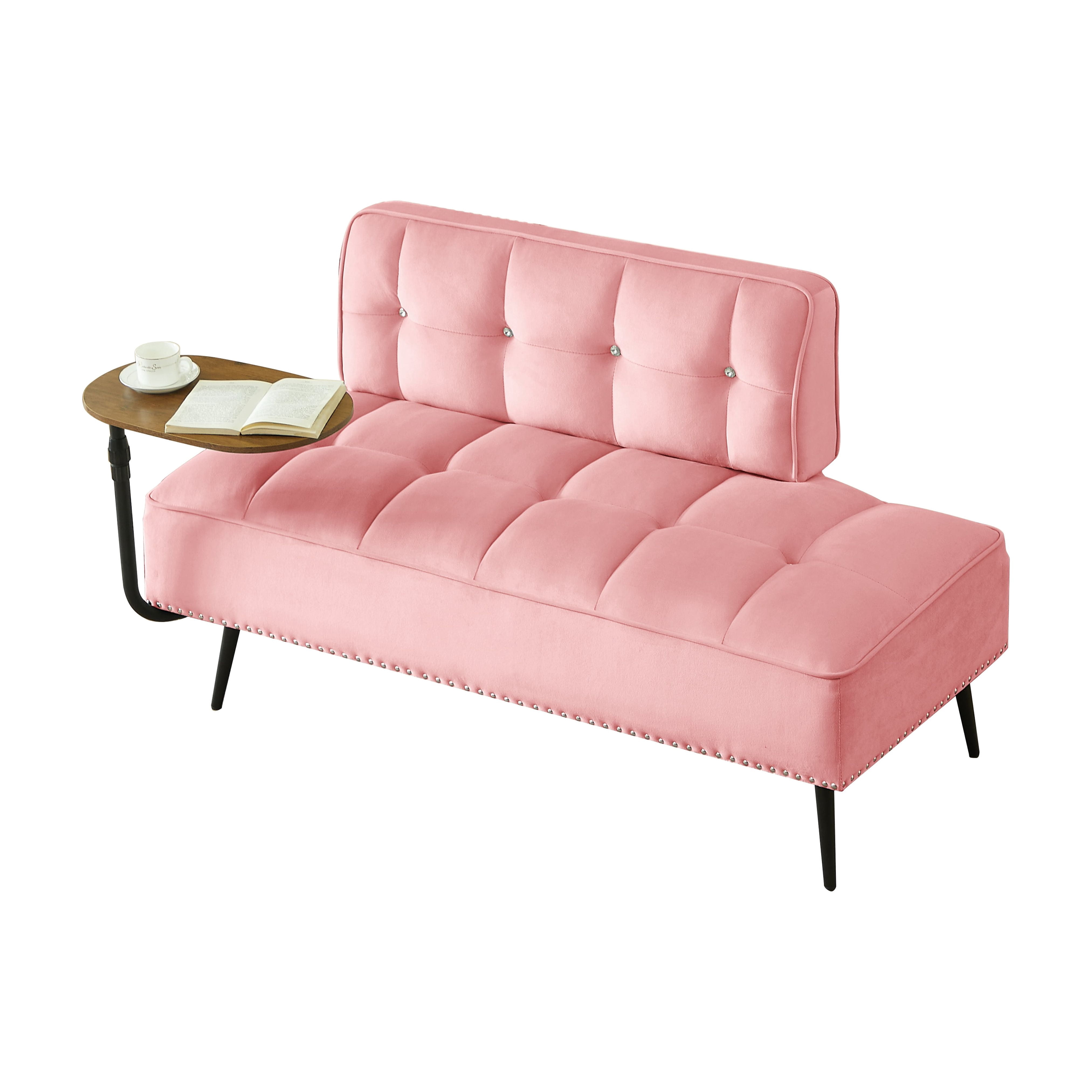 Modern Two-Seater Velvet Sofa with 360° Rotating Side Table, Entryway Ottoman Bench with Backrest for Living Room, Bedroom, Apartment, Space Saver, Pink