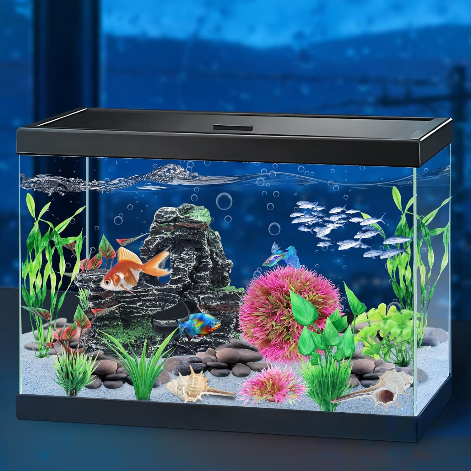Fish Tank Accessories Aquarium Plants, Colorful Fish Bowl Ornaments Plants and Rock Cave Decor Set