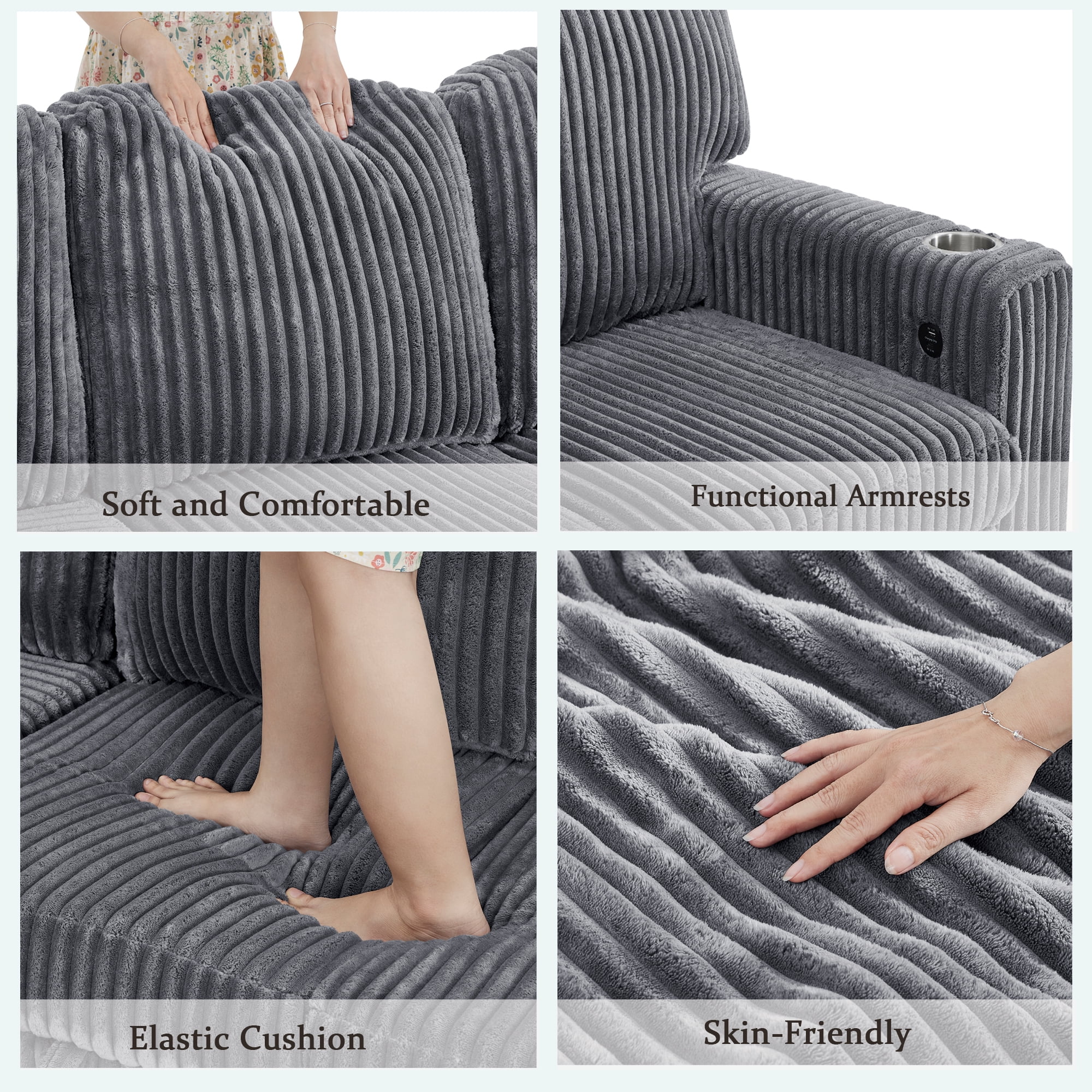 Convertible L-Shaped Sectional Sofa Set w/ Pull-Out & Storage Seat, 5-Seat Corduroy Sleeper Bed Couch w/ Charging & Cup Holder Design