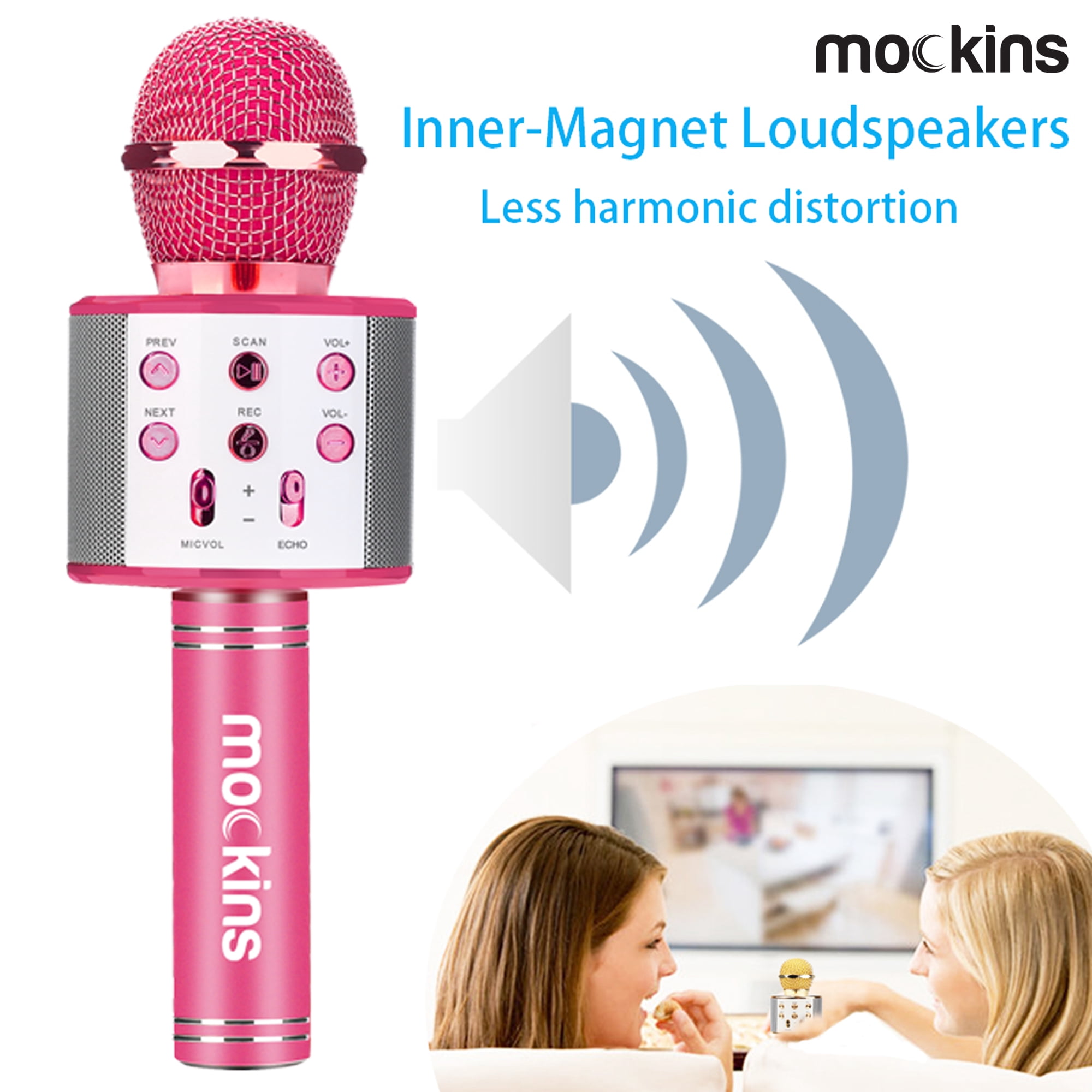 Nevlers Pink Karaoke Microphone with Colorful LED Lights, Voice Changer and Wireless Bluetooth Speaker for Singing