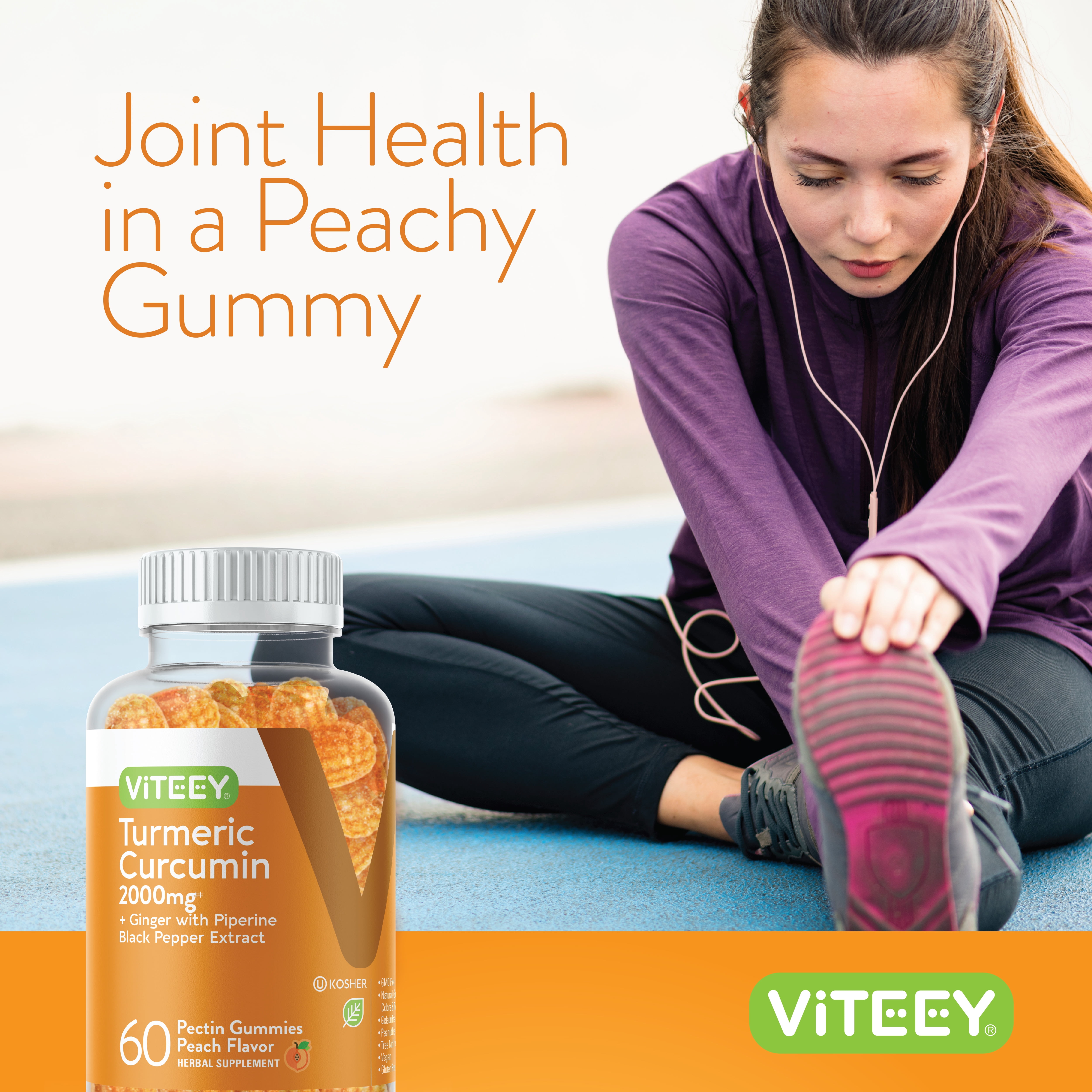 VITEEY Turmeric Gummies with Ginger, Immune Support, Peach Flavor, 60 Count, 2 Pack