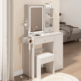 White Oak Vanity Table with Cushioned Stool, LED Mirror with Builtin